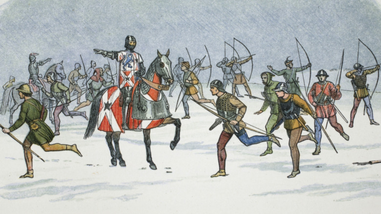 art of men in battle running and carrying bow and arrow