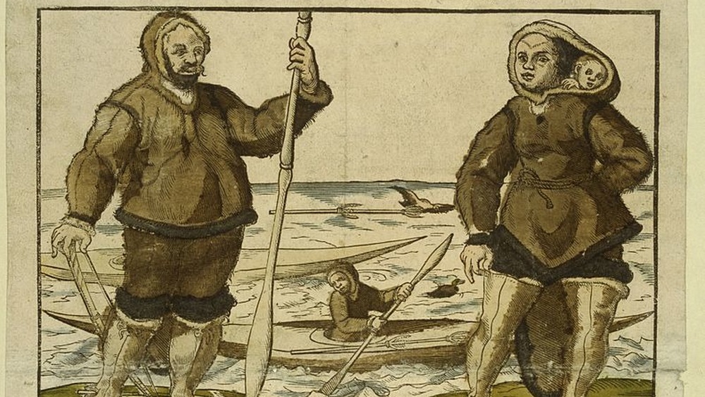 Engraving of Inuit people abducted by Martin Frobisher