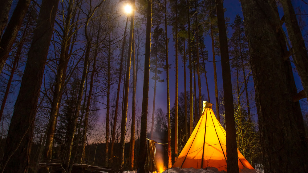 Lit teepee in a forest