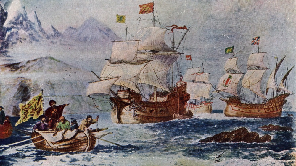 painting of magellan's fleet on rocky seas