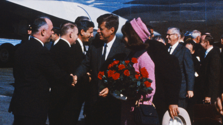 JFK and Jackie greeting the crowd in Dallas by Air Force One