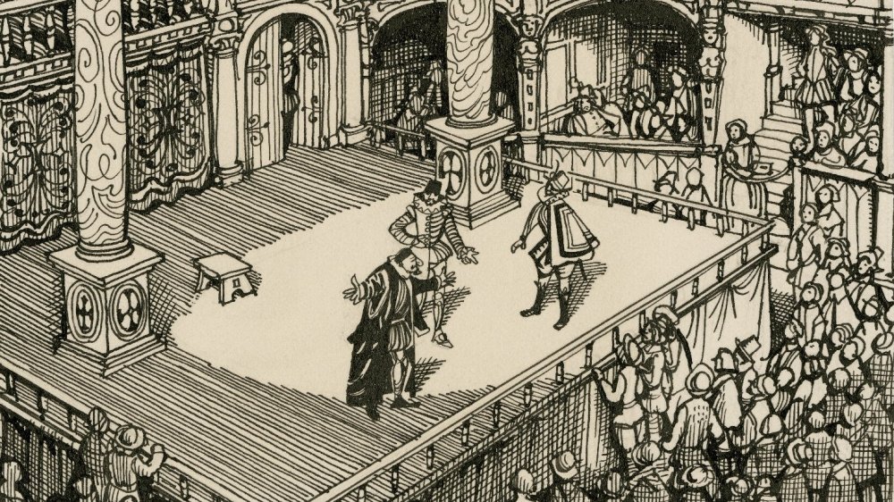 C. Walter Hodges' imagined reconstruction of Shakespeare's Merchant of Venice, act 1, scene 3, being performed in an Elizabethan theatre