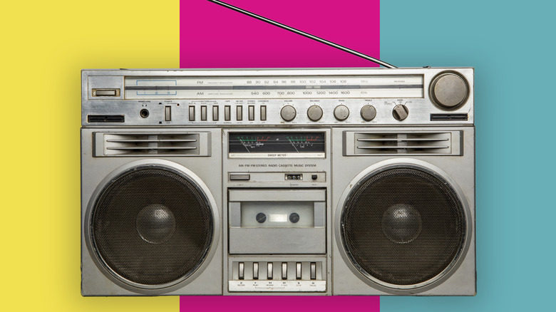 boombox with 1980s colors in background