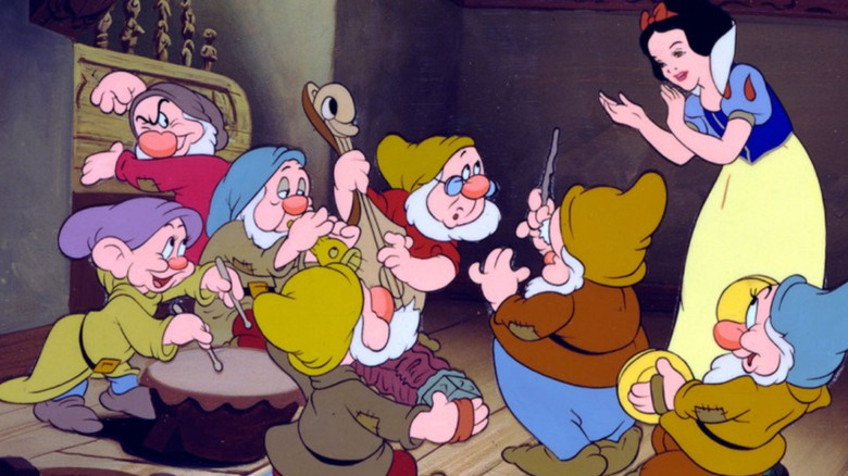 scene with Snow White and dwarves playing music