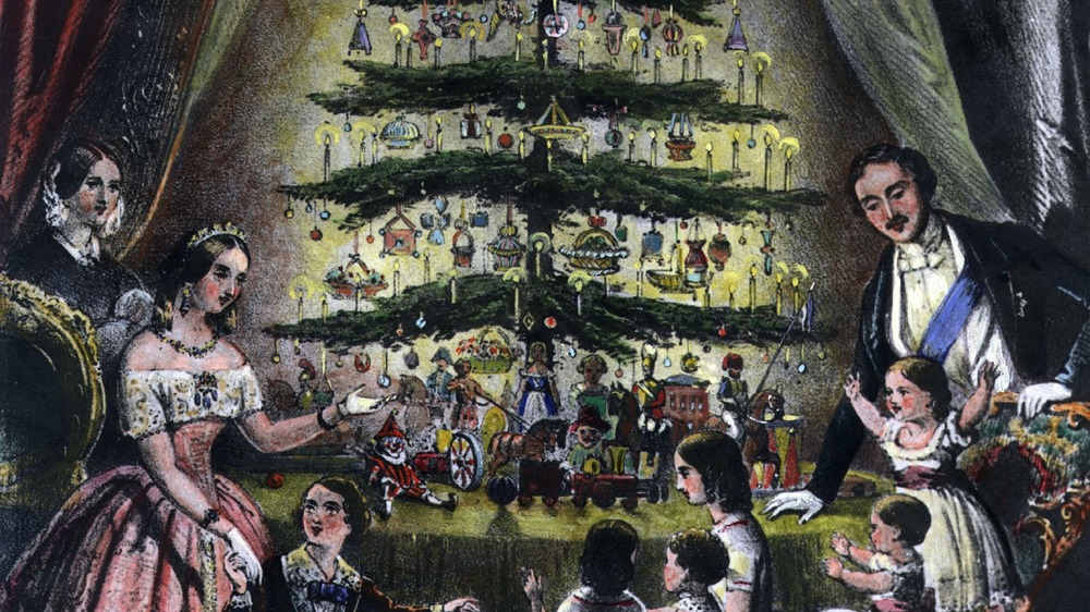 1848 illustration from the Illustrated London News of Queen Victoria, Prince Albert and their children decorating a Christmas tree