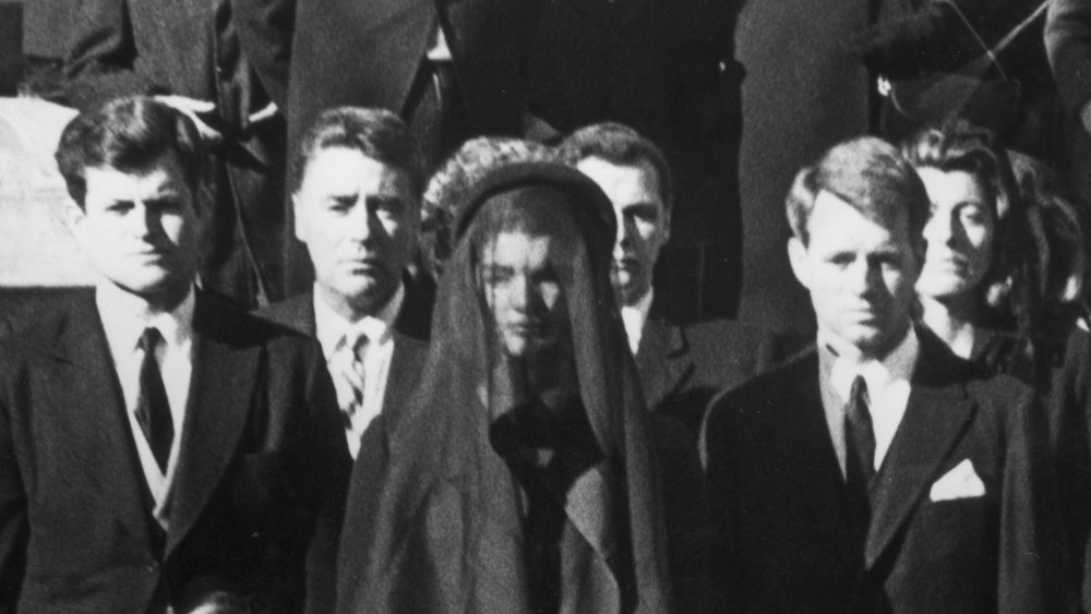 Senator Edward Kennedy, Caroline Kennedy, Jackie Kennedy, Attorney General Robert Kennedy and John Kennedy Jr. at the funeral of President John F. Kennedy, November 25, 1964