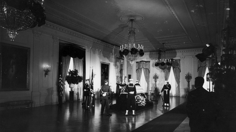 John F. Kennedy's casket in the East Room of the White House