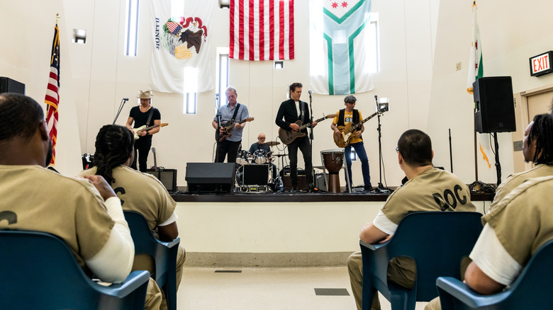 Kevin Bacon's band playing small prison concert