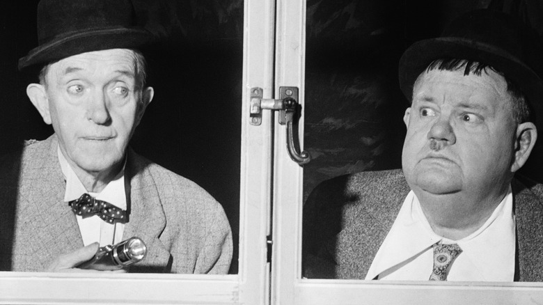 Stan Laurel and Oliver Hardy performing