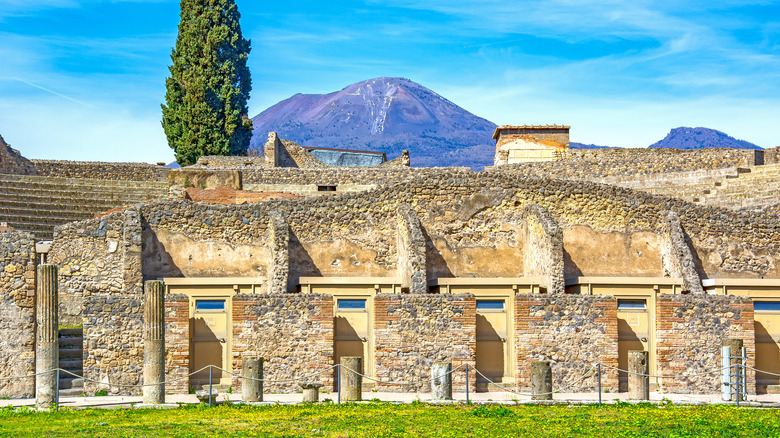Roman gladiator barracks ruins vesuvius background