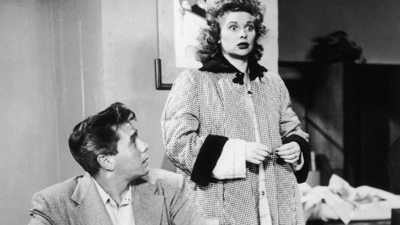 Lucille Ball and husband Desi Arnaz on the set of their show "I Love Lucy"