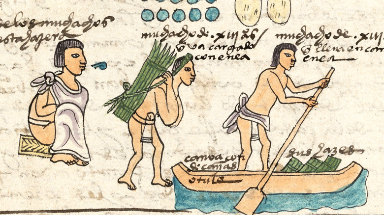 Scene from the Codex Mendoza of a father and son farming