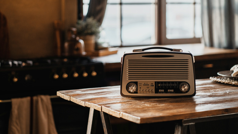 Radio on wooden table