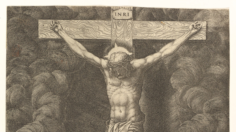 etching depicting jesus on cross