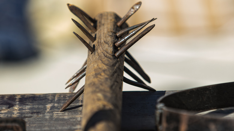 a stick with nails pertruding from it