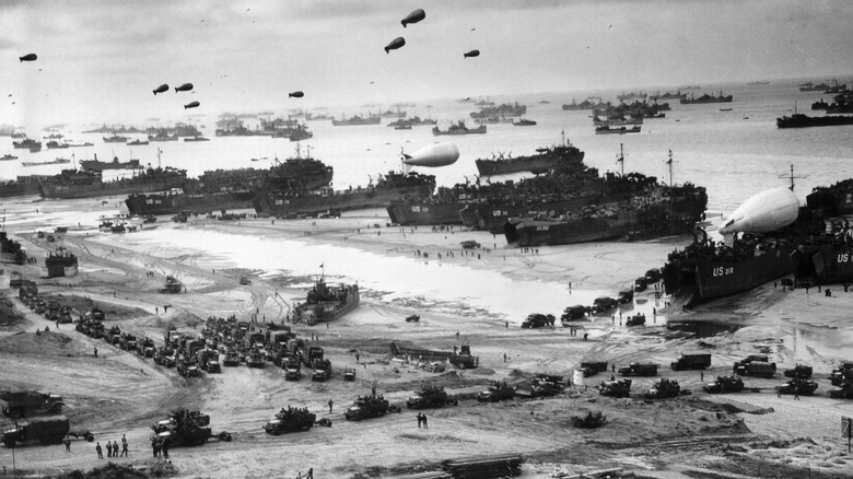 Landing crafts, ships, and blimps on D-Day