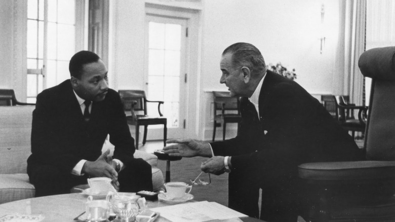 Martin Luther King Jr. and Lyndon B. Johnson speaking in Oval Office