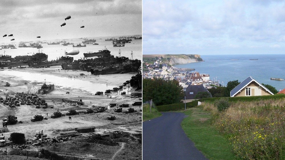 Left: Landing supplies at Omaha Beach on D-Day. Right: Remnants of a D-Day harbor at Arromanches in 2004