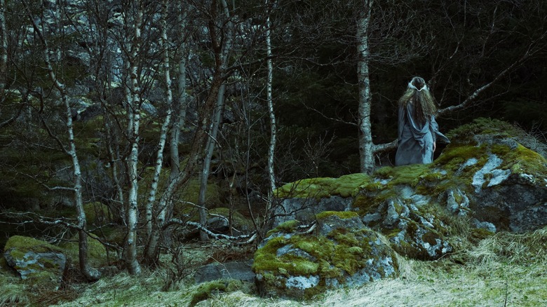 Ominous photo of woman looking into forest