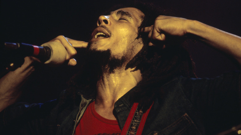 Bob Marley looks up holding mic
