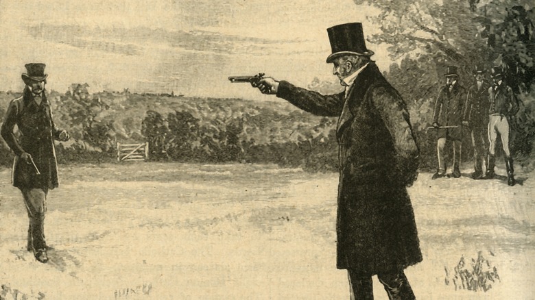 Two gentlemen with pistols drawn in a duel