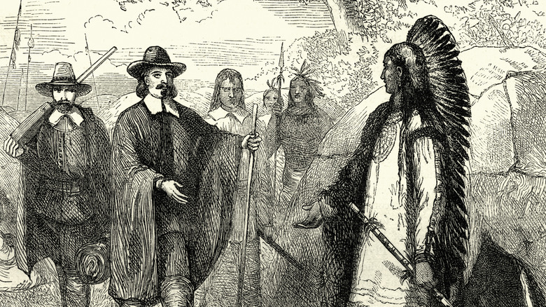 engraving of Edward Winslow's visit to Massasoit
