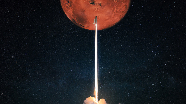 Rendering of a rocket shooting up to Mars