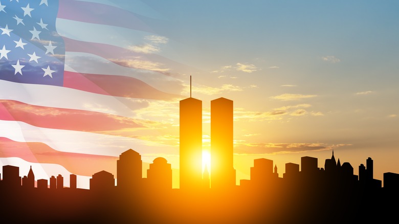 NYC skyline with Twin Towers and US flag