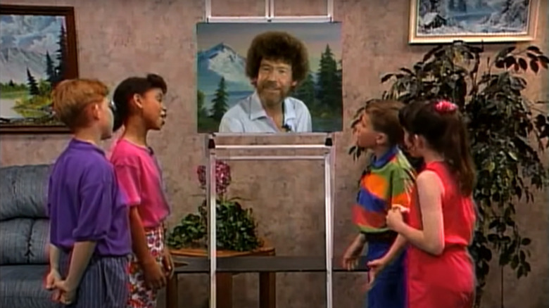 Bob Ross talks through his canvas with kids