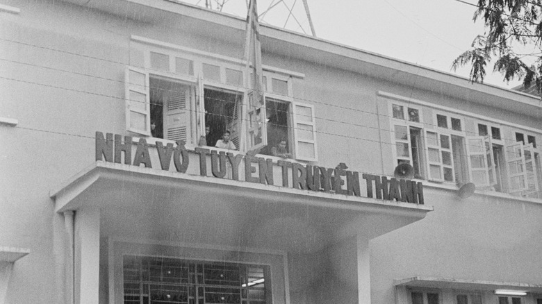 Flag flies above a Vietnam radio station