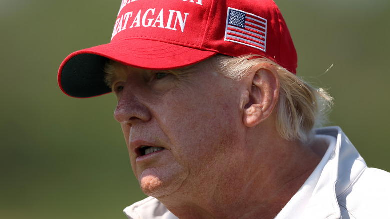 Donald Trump staring side red hat