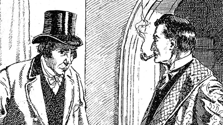 Professor Moriarty glowers at Sherlock Holmes from under his top hat.