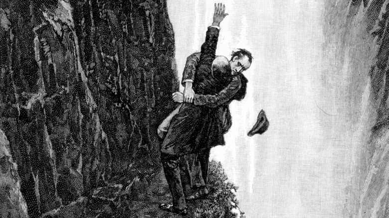 Sherlock Holmes prepare to take Professor Moriarty with him over the Reichenbach Falls
