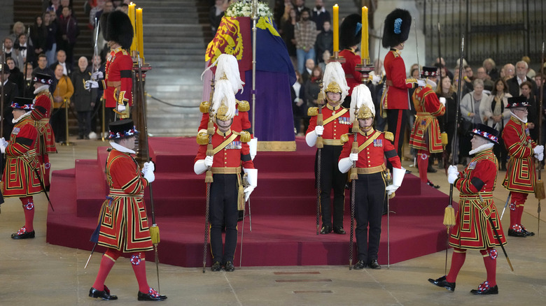 Queen Elizabeth's coffin being guarded