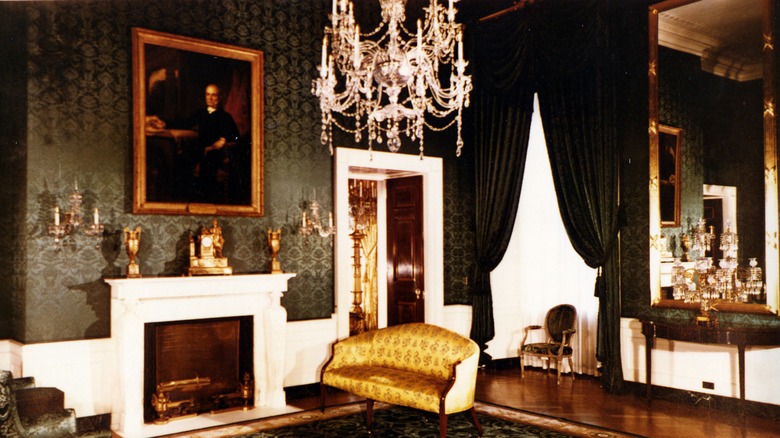 green room White House painting chandelier sofa fireplace