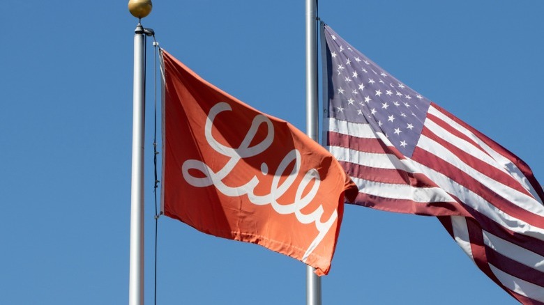 Eli Lilly and American flag flying blue sky