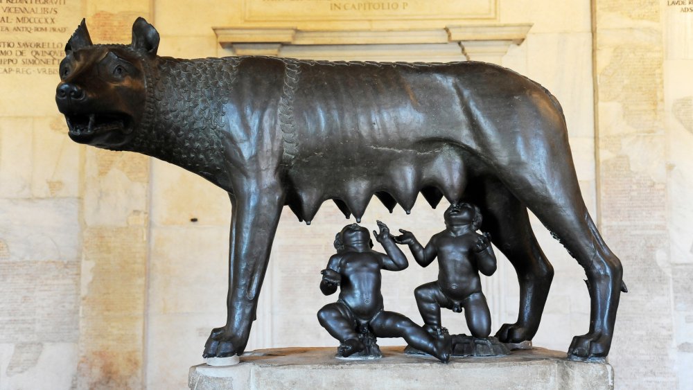 Sculpture of the mythical she-wolf suckling the infant twins Romulus and Remus. Rome, Italy