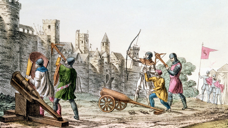 Medieval soldiers armed with various bows