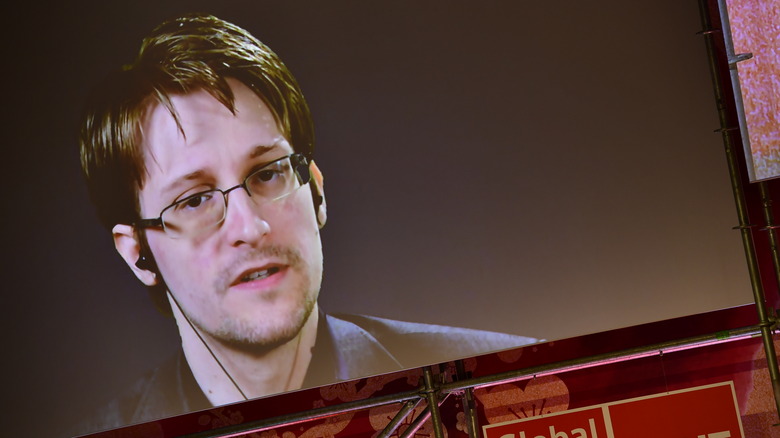 Edward Snowden speaks at an event