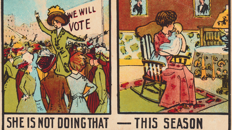 Anti-suffrage postcard depicting woman protesting and same woman rocking a baby