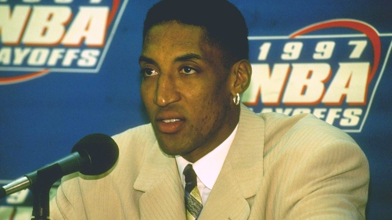 Scottie Pippen talks to reporters