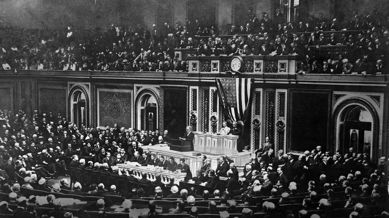 Woodrow Wilson in Congress asks for troops 