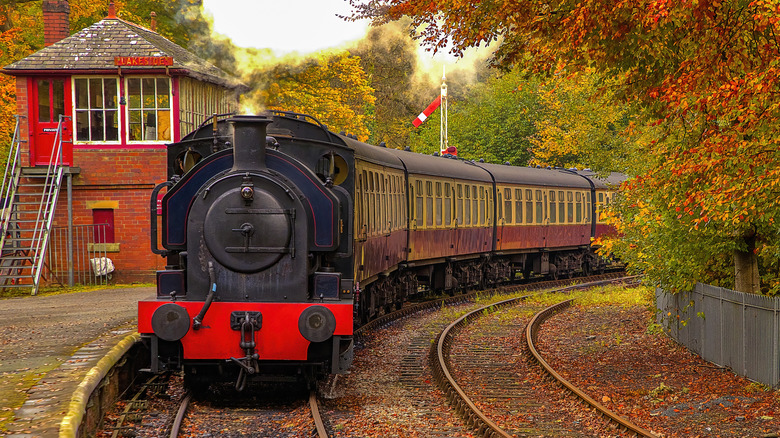 Train rolling through fall foliage
