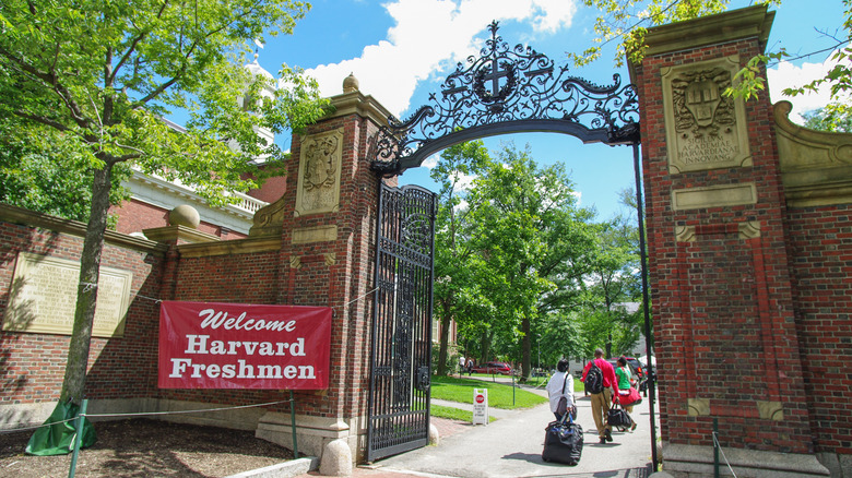 Gate at Harvard Yard with welcome sign