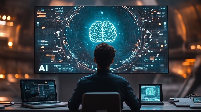 man controlling digital AI brain