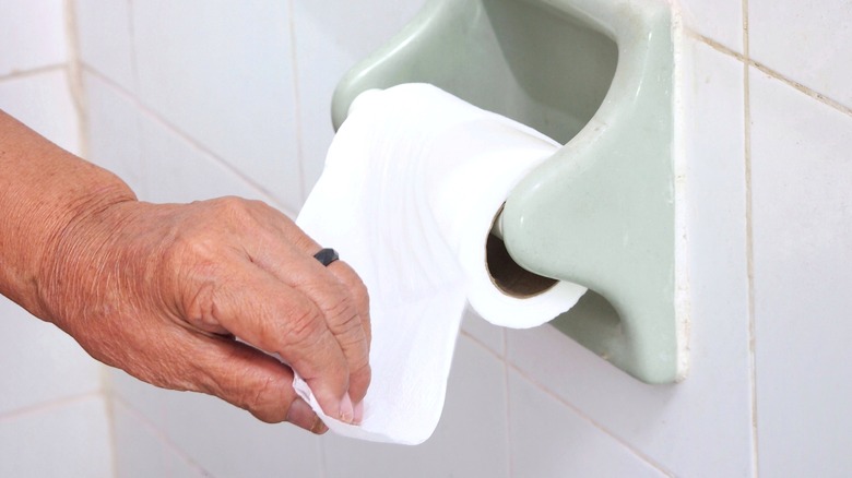 hand reaching for toilet roll