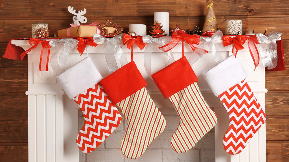 Christmas stockings by fireplace