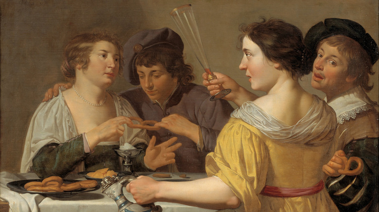 Painting of group eating pretzels
