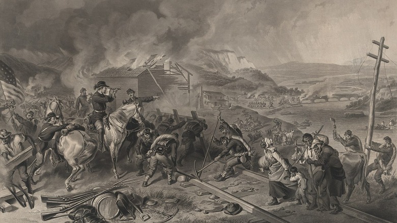 union soldiers and burning building