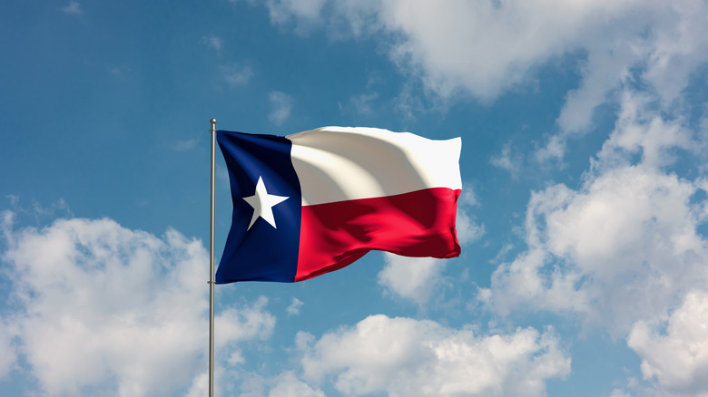 Texas flag against blue cloudy sky